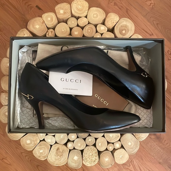 Gucci Black Leather Napa Charlotte Nero 3.5 Heel Almond Toe Horsebit Logo 39 8.5 - Picture 4 of 9
